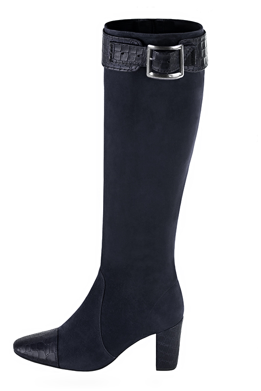 Navy blue women's feminine knee-high boots. Round toe. High block heels. Made to measure. Worn view - Florence KOOIJMAN
